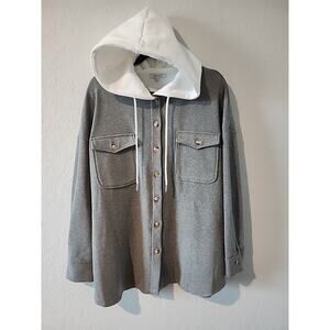 White Birch Women’s Hoodie Button-Up Shirt Jacket L Gray & White Long Sleeve